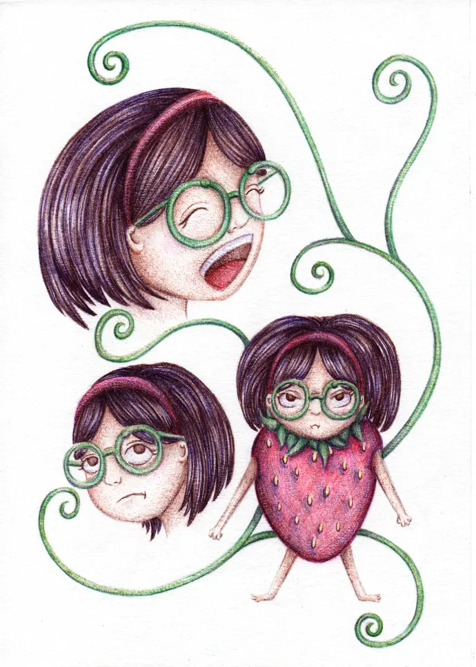 Illustration de charadesign jeunesse montrant différentes expressions d'une fraise, illustré au stylo bic par Jeanilia, Jeanne Matton